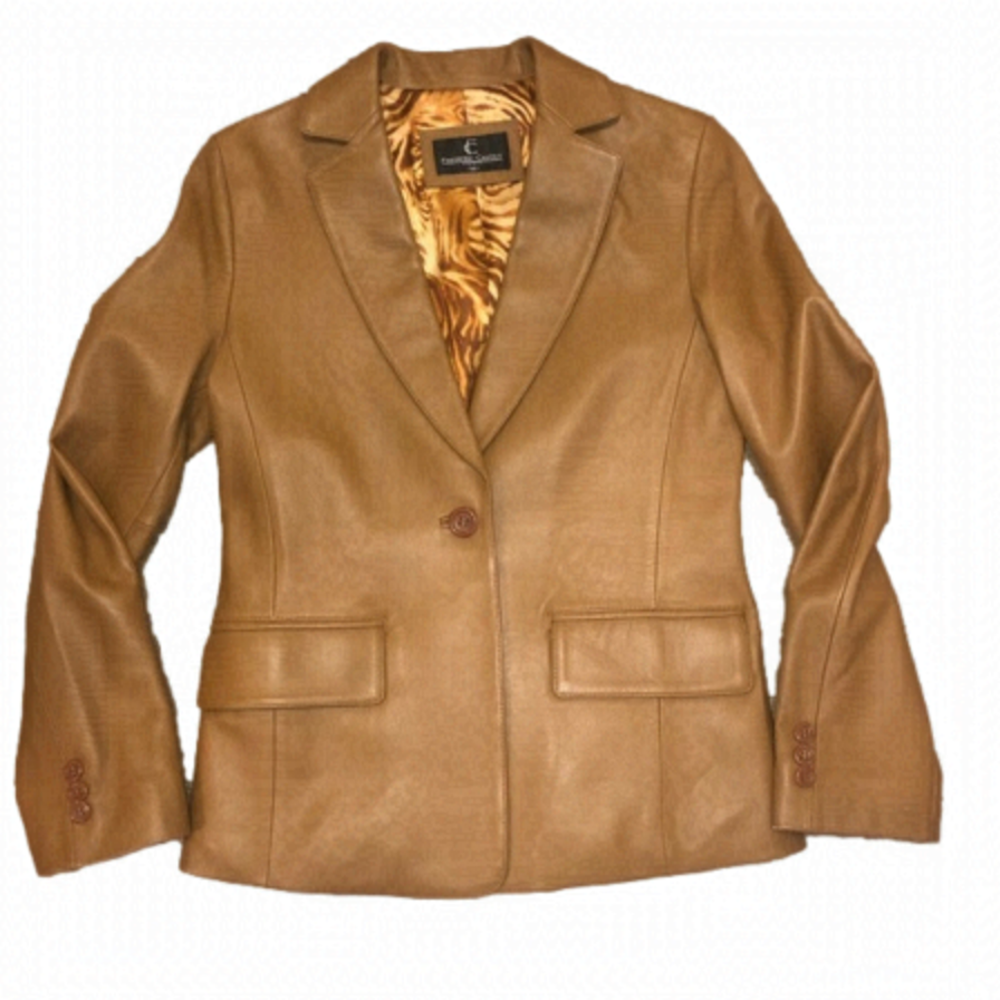 Frederic Castet Paris Tan Leather Blazer Tiger Print Lining Button Down 55 Small